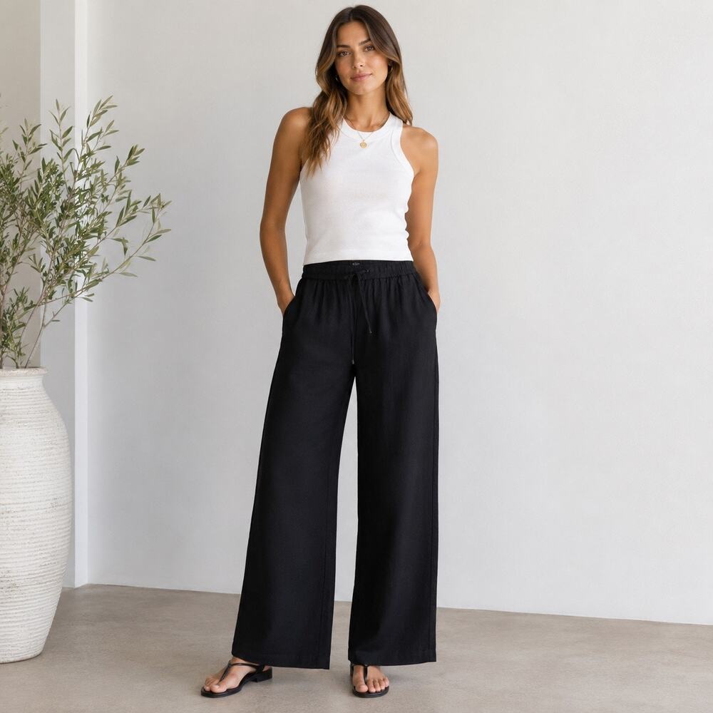 J.Crew Factory Linen Blend Slim Wide Leg Drawstring Pant Black Size 2 Tall NWT